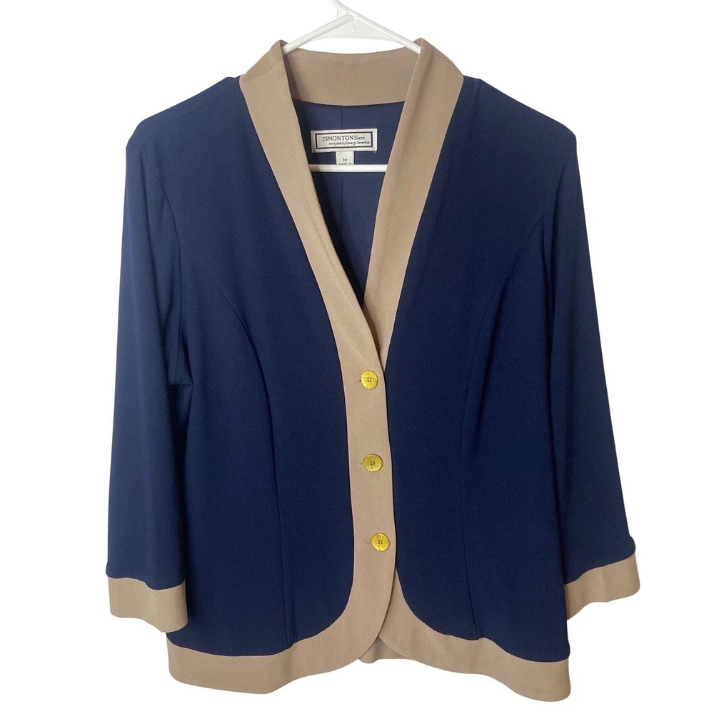 Simonton Says George Simonton Navy Tan‎ Trim Blazer Jacket Gold Buttons  M